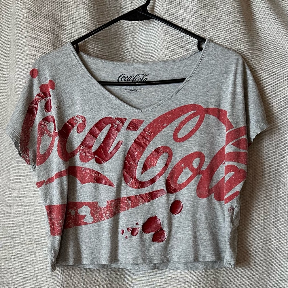 Coca-Cola•cropped tee•women’s small•modal/cotton•gray/red•v-neck•short sleeve